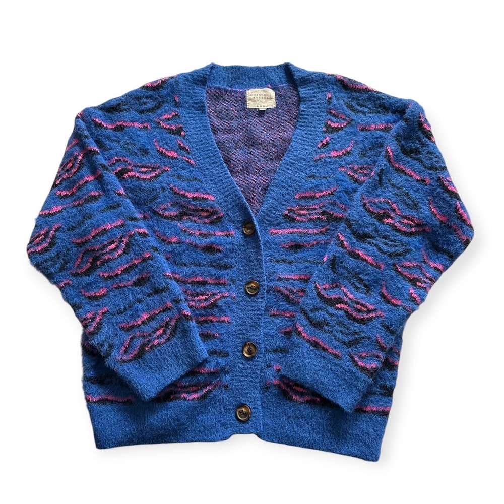 Hannah Banana Fuzzy Knit Cardigan Blue Pink Tiger Stripe 14 Kids
